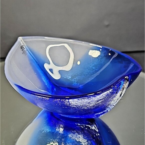 Mats Jonasson Hand Blown Glass Cobalt Blue White Dish Bowl Signed Nautical Ship - Picture 2 of 15
